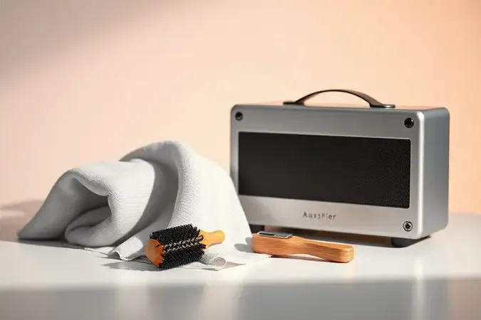 Conceito de manutenção e limpeza de amplificador com pano de microfibra e escova sobre mesa moderna