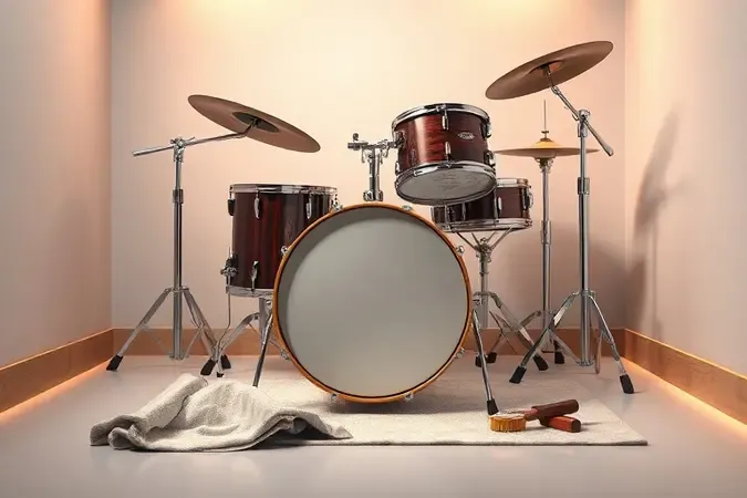 Render 3D de bateria acústica limpa em estúdio com panos e acessórios de manutenção