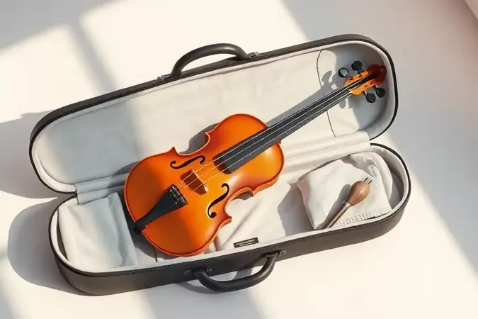 Imagem 3D de cavaquinho em estojo aberto com pano de limpeza representando manutenção cuidadosa do instrumento