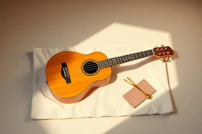 Render 3D conceitual de cavaquinho sobre pano com kit de limpeza e cuidados essenciais ao lado