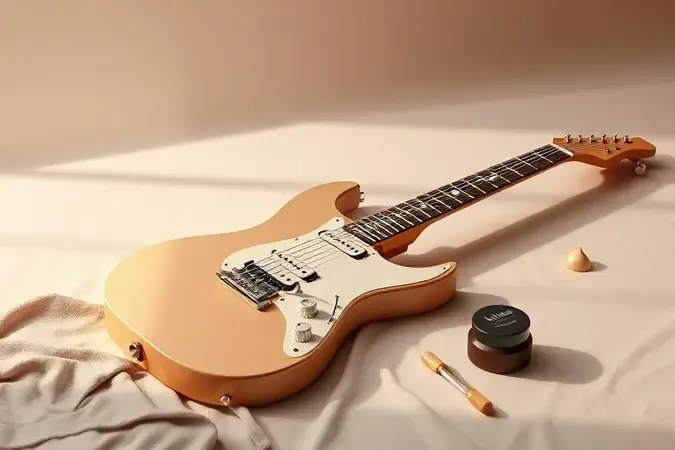 Guitarra elétrica renderizada em cena de manutenção e cuidados essenciais com materiais refinados