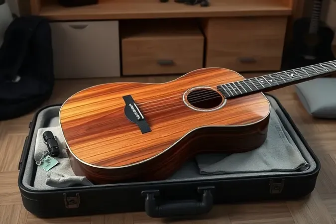 Guitarra em suporte com itens de limpeza e manutenção para conservar o primeiro instrumento.