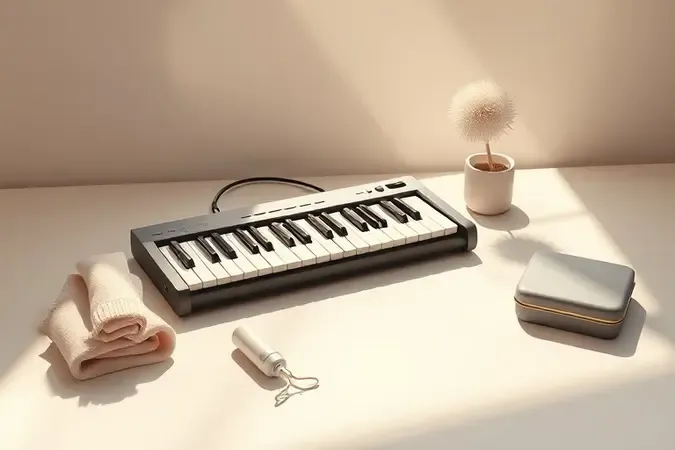 Cena conceitual de manutenção de teclado arranjador com pano de limpeza, capa protetora e acessórios minimalistas