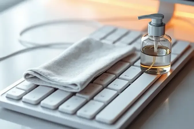 Dicas de manutenção com pano de microfibra e teclas brancas impecáveis em render 3D premium