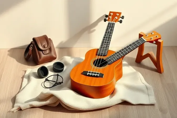 Ukulele concert sobre pano de limpeza com acessórios de cuidados em render 3D limpo e sofisticado