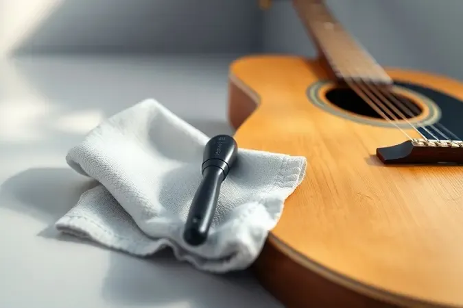 Cena conceitual de cuidados e manutenção de violão com pano e acessórios de limpeza