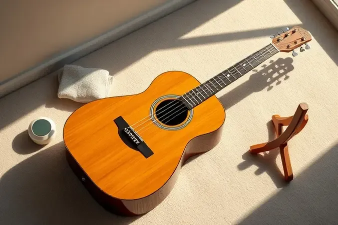 Cena de cuidado com violão acústico, pano de limpeza e dispositivo de umidade sobre superfície neutra