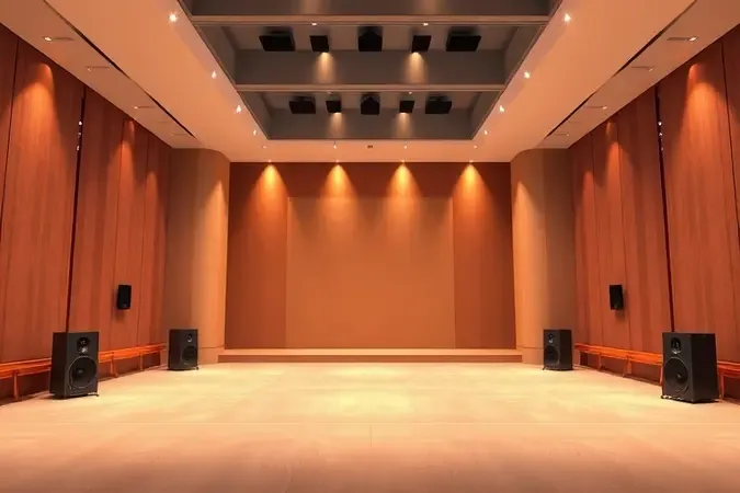 Render conceitual de posicionamento de caixas de som em auditório moderno com iluminação direcional quente.