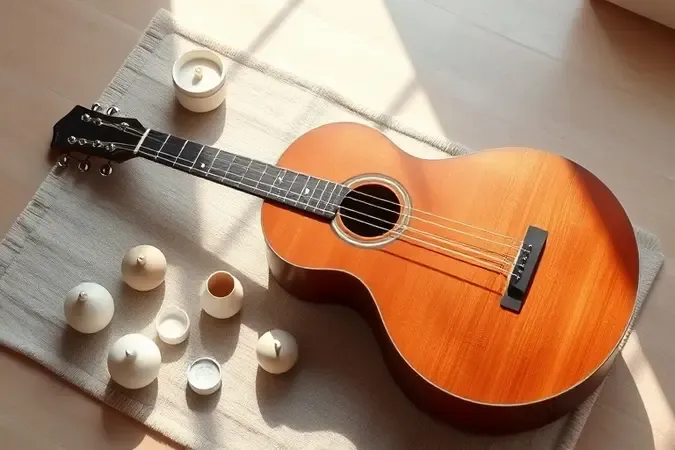 Cena conceitual de cuidado com guitarra com itens de limpeza em arranjo minimalista e iluminação suave