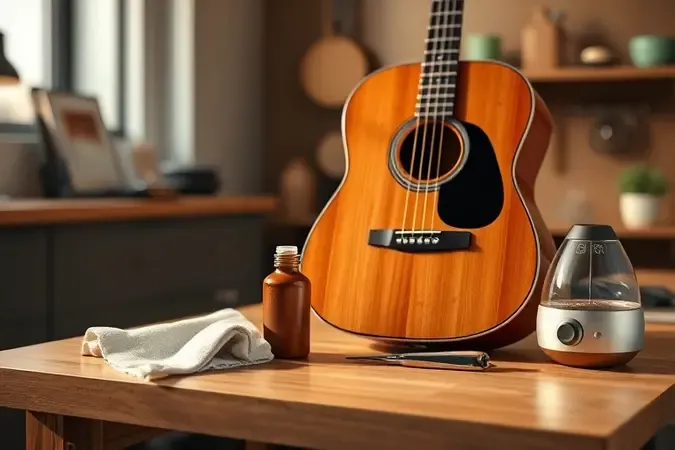 Conjunto de itens de manutenção para violão como flanela e limpador dispostos sobre uma bancada de madeira.