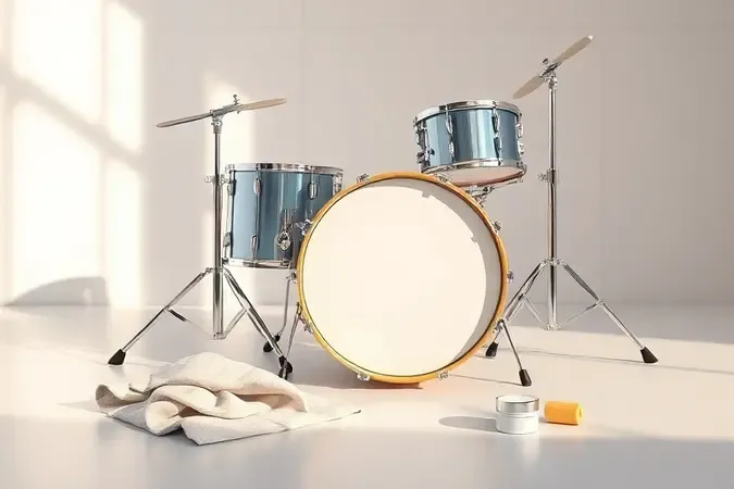 Render 3D conceitual de bateria limpa e cuidada com pano de manutenção e acessórios em estúdio.