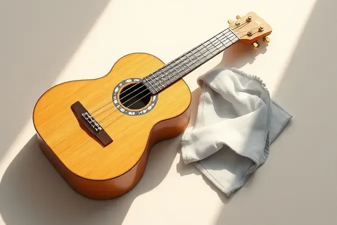 Render conceitual de guitarra infantil com pano de limpeza para ilustrar cuidado e manutenção.