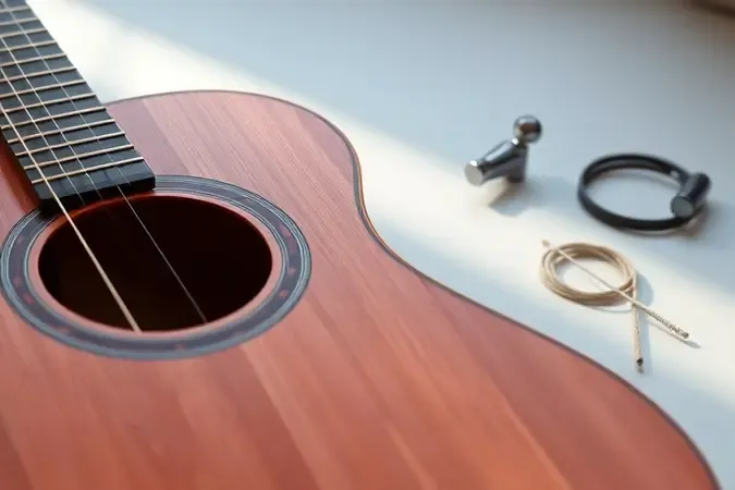 Close de violão acústico com detalhes de tarraxas, cordas e acessórios sobre superfície limpa