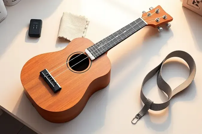 Cena conceitual de conservação do ukulele com afinador, pano de limpeza e capa em superfície limpa