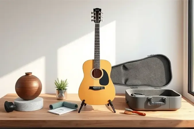 Cuidados para conservar violão de aço com suporte, estojo, pano e controle de umidade em cena 3D.
