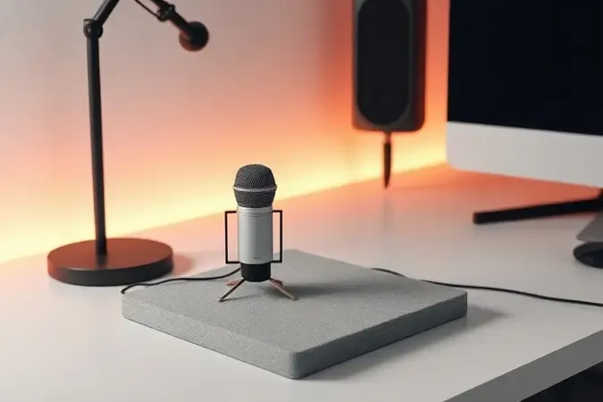 Cena conceitual de como escolher microfone dinâmico sobre superfície acústica minimalista.