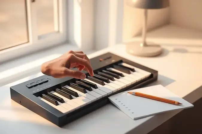 Mão selecionando teclas de um teclado musical minimalista em ambiente limpo e iluminado