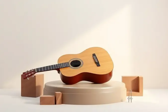 Render conceitual de violão de nylon sobre pedestal minimalista com blocos geométricos de madeira
