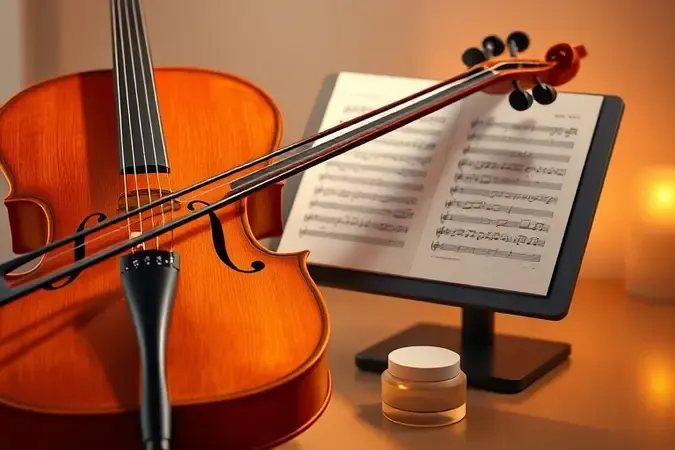 Cena de estudo inicial de violoncelo com arco, resina e estante em composição moderna