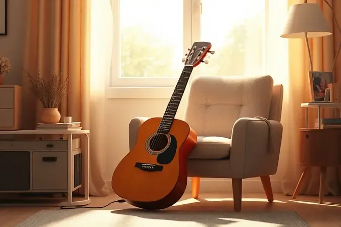 Render conceitual de guitarra infantil apoiada em poltrona moderna em ambiente claro e acolhedor.