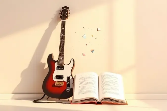 Guitarra elétrica para iniciantes representada em render conceitual moderno com elementos de aprendizagem