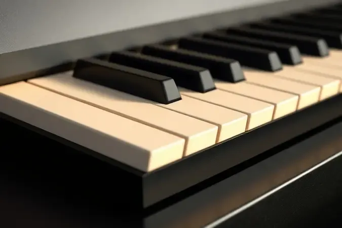 Detalhe elegante de teclas de piano brancas e pretas com iluminação dramática em estúdio