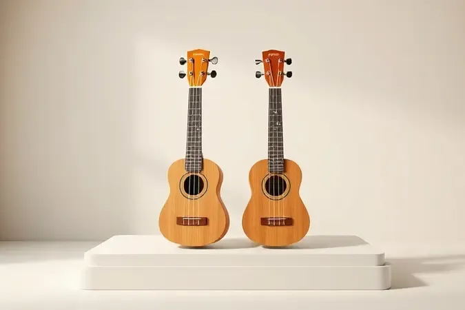 Comparação conceitual entre ukulele concert e tenor lado a lado reforçando a diferença de tamanho e som