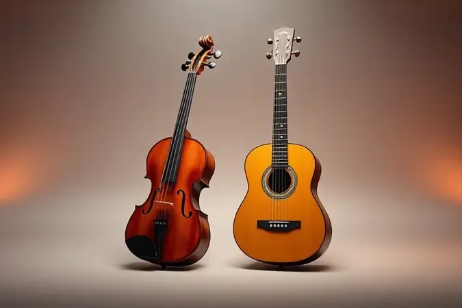 Comparação conceitual entre viola caipira de dez cordas e violão em render 3D