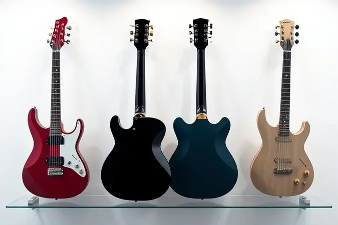 Comparativo de quatro modelos de guitarra sem marcação em prateleira de vidro minimalista