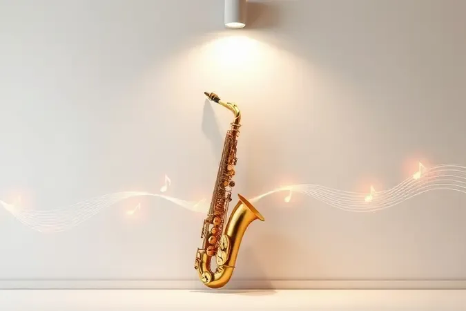 Render conceitual de saxofone com notas musicais flutuantes e iluminação dramática de estúdio
