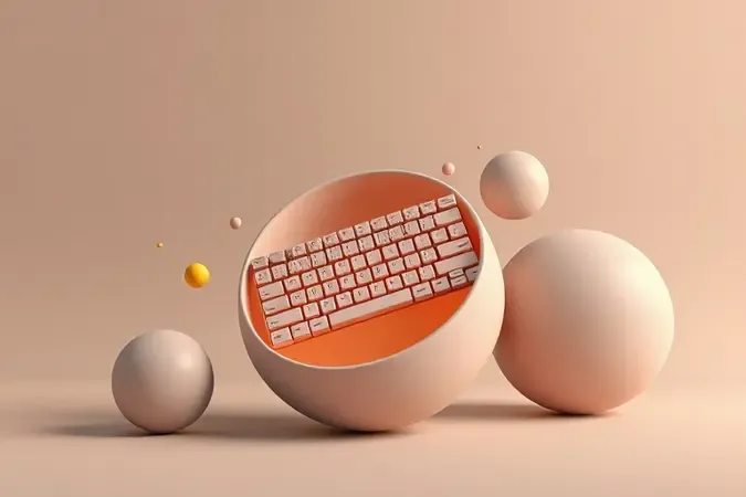 Composição 3D conceitual de teclado musical com formas esféricas abstratas remetendo a duvidas e curiosidade