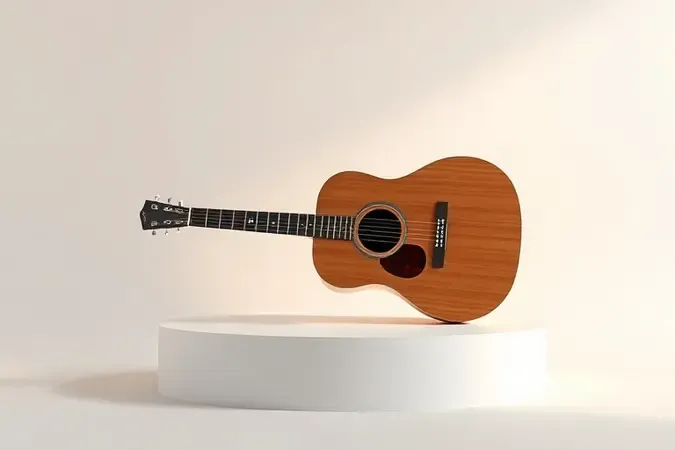 Representação conceitual em 3D de um violão elétrico sobre pedestal minimalista com luz quente.