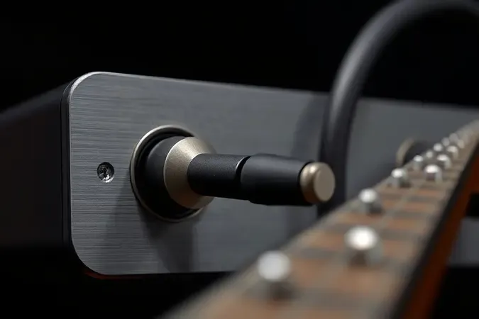 Entrada de instrumento P10 em placa de som para guitarra representada em cena conceitual premium e limpa.