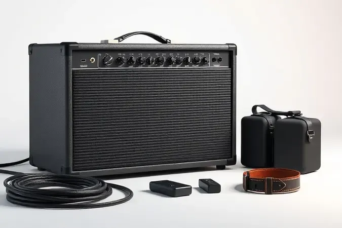 Render conceitual de amplificador e acessórios essenciais para baixo elétrico dispostos sobre superfície clean.