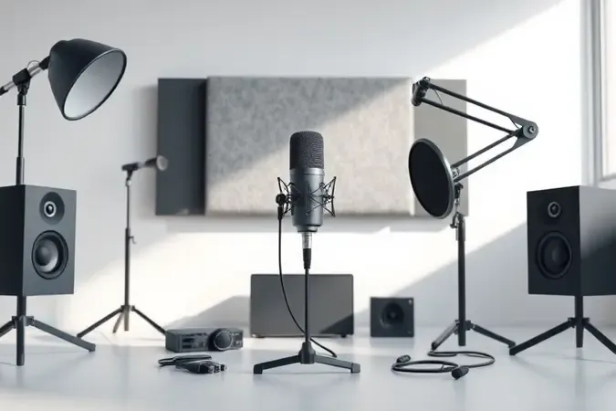 Equipamentos de estúdio com microfone condensador, filtro pop e suporte articulado