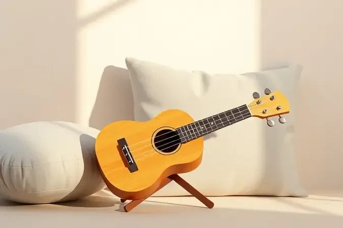 Ukulele infantil ergonômico sobre suporte macio representando tamanho adequado e segurança para crianças