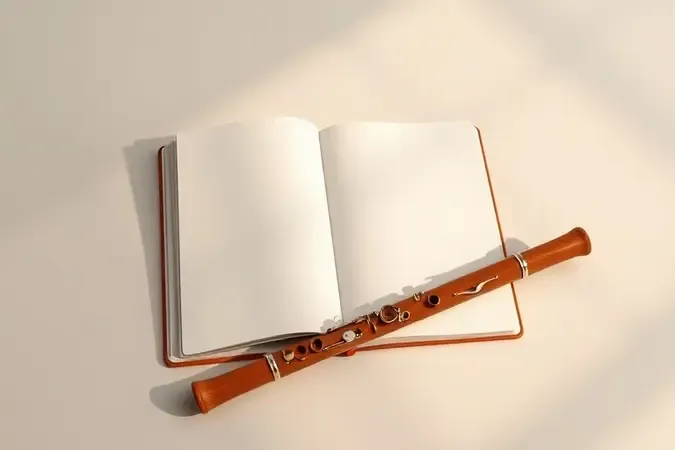 Caderno de prática aberto ao lado de flauta deitada, render 3D com luz quente e atmosfera de aprendizado