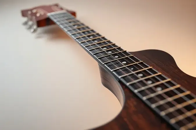 Detalhe macro de traste e ponte de violão acústico em madeira escura polida sobre fundo suave