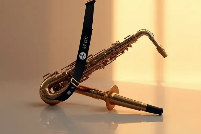 Abraçadeira de saxofone em render conceitual minimalista sobre superfície brilhante com iluminação suave