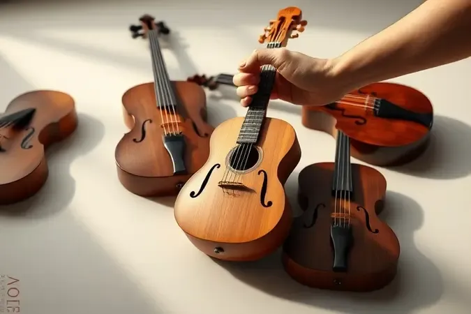 Render 3D conceitual de mão escolhendo um cavaquinho refinado em madeira sobre superfície minimalista
