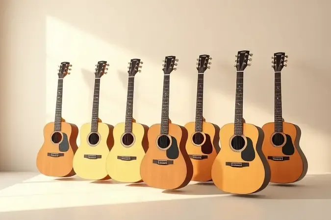Conjunto de violões acústicos com diferentes acabamentos e formatos em exibição minimalista e limpa.