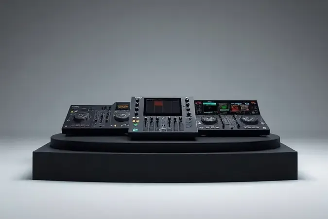 Seleção conceitual 3D de diferentes controladoras de DJ sobre superfície limpa para comparação de escolha