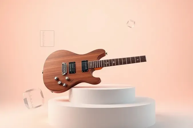 Guitarra sobre pedestal em cena de escolha com elementos geométricos flutuantes e iluminação sofisticada