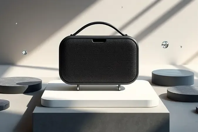 Render 3D de caixa de som Bluetooth com bateria, portabilidade, resistência à água e conectividade.