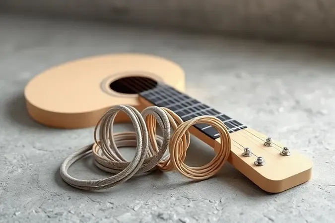 Rolos de cordas de nylon para violão com diferentes tensões em cena conceitual