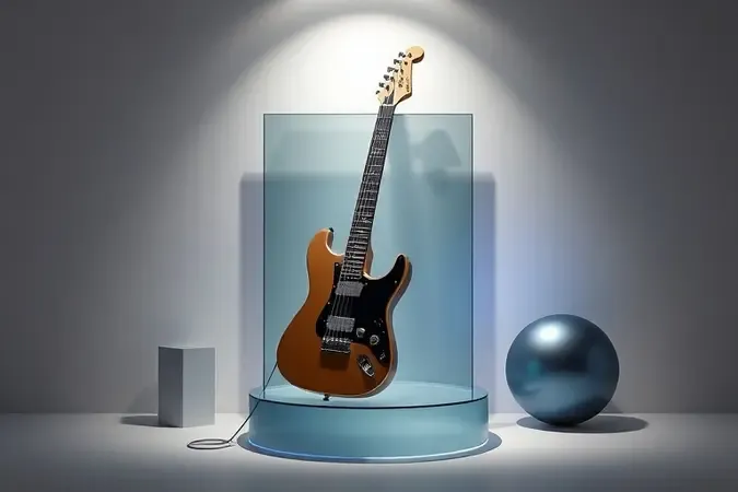 Guitarra elétrica minimalista em pedestal de vidro em estúdio conceitual representando escolha de instrumento premium