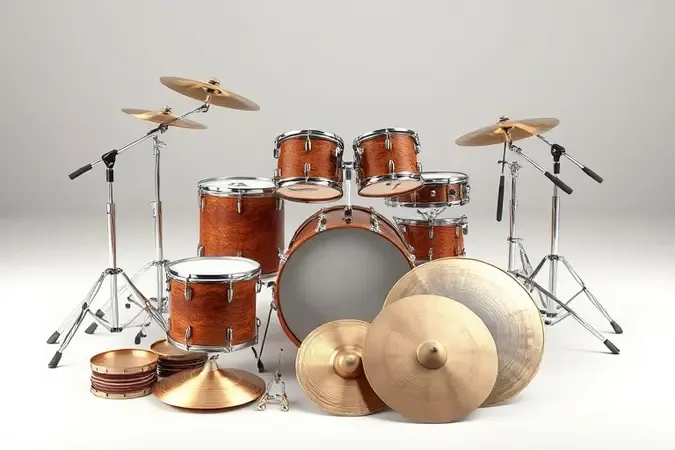 Render 3D de bateria acústica com cascos de madeira e componentes organizados para análise e escolha.