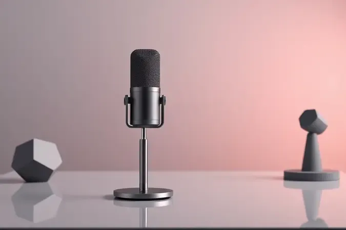 Microfone de podcast em destaque em cena conceitual moderna que representa a escolha e seleção do melhor equipamento.