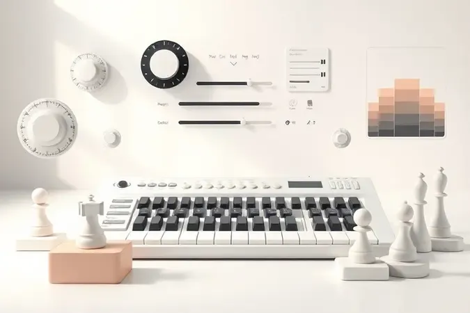 Cena conceitual 3D de teclado musical com elementos flutuantes de escolha como mostradores, controles e painéis sonoros