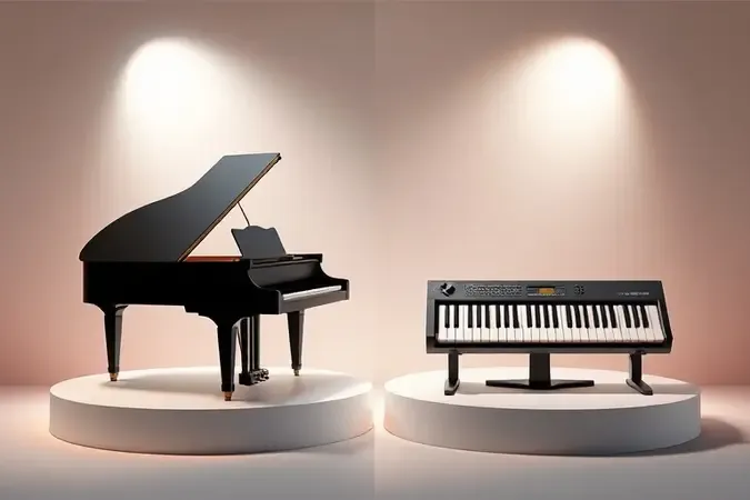 Comparação conceitual entre piano acristo elegante e teclado digital compacto em pedestal moderno